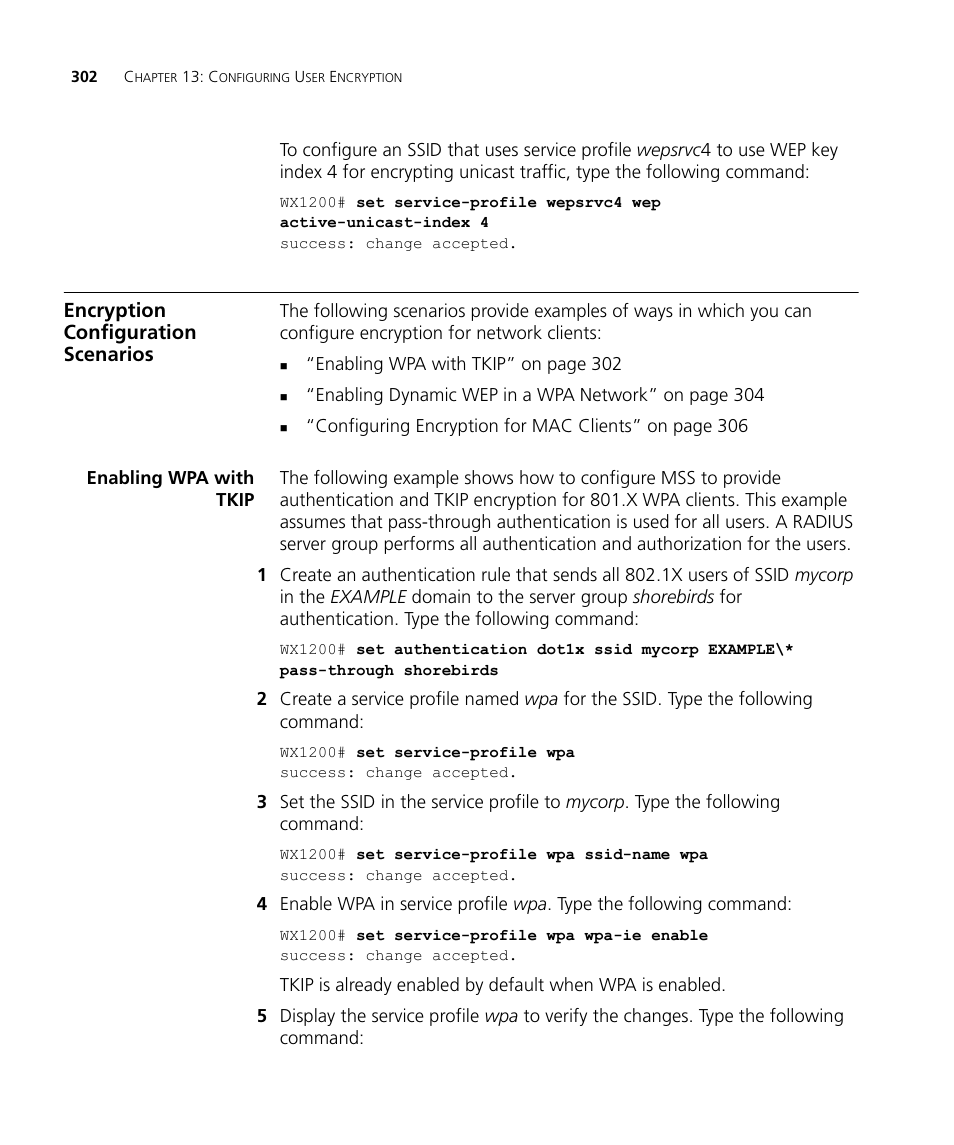 Encryption configuration scenarios, Enabling wpa with tkip | 3Com WX4400 3CRWX440095A User Manual | Page 302 / 728