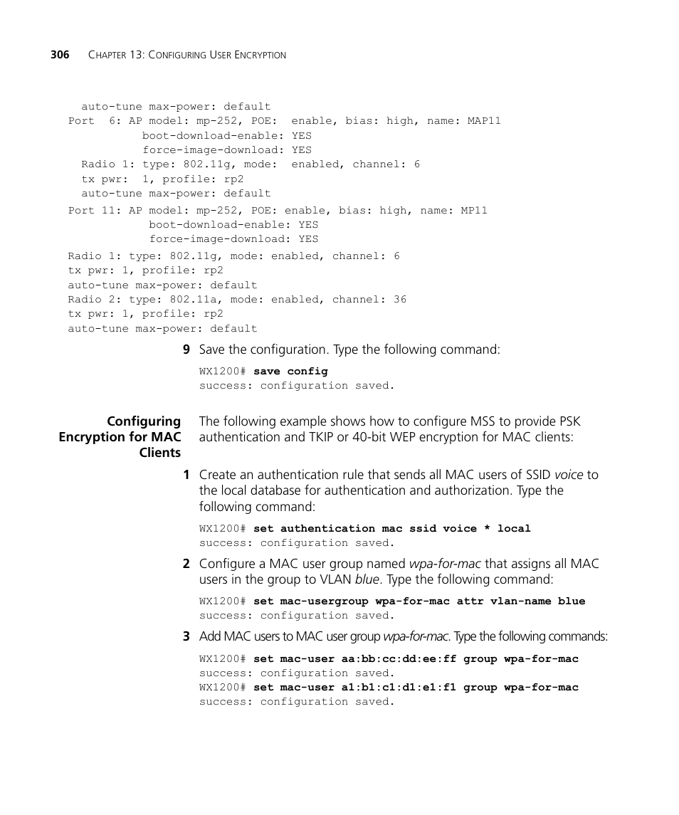 Configuring encryption for mac clients | 3Com WX4400 3CRWX440095A User Manual | Page 306 / 728