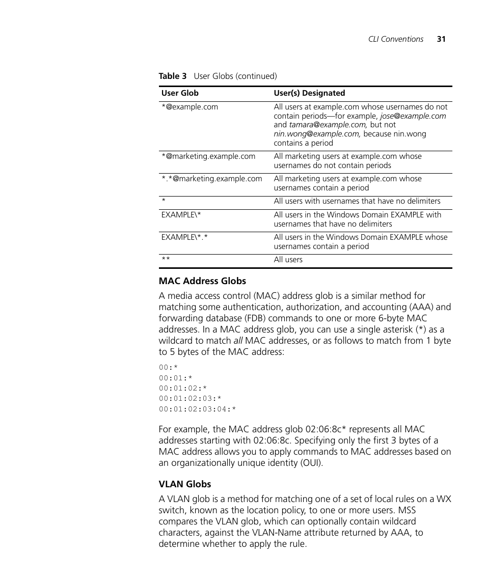 Mac address globs, Vlan globs | 3Com WX4400 3CRWX440095A User Manual | Page 31 / 728