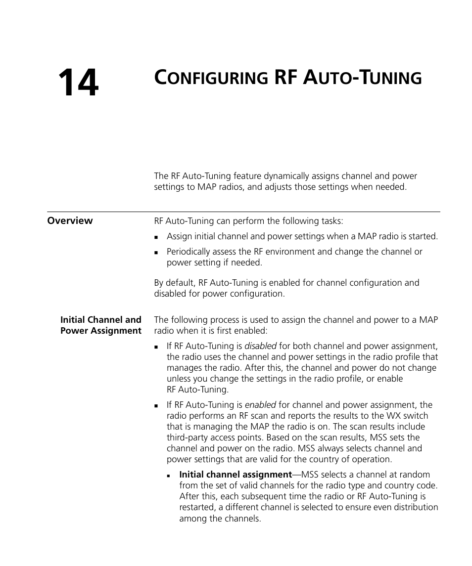 Configuring rf autotuning, Overview, Initial channel and power assignment | Onfiguring, Rf a, Uning | 3Com WX4400 3CRWX440095A User Manual | Page 311 / 728