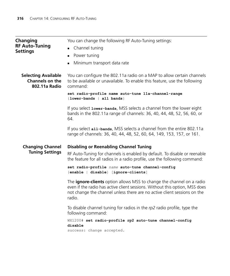 Changing rf autotuning settings, Selecting available channels on the 802.11a radio, Changing channel tuning settings | Disabling or reenabling channel tuning, Changing rf auto-tuning settings | 3Com WX4400 3CRWX440095A User Manual | Page 316 / 728