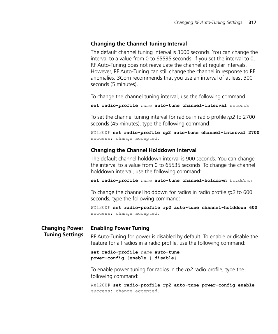 Changing the channel tuning interval, Changing the channel holddown interval, Changing power tuning settings | Enabling power tuning | 3Com WX4400 3CRWX440095A User Manual | Page 317 / 728