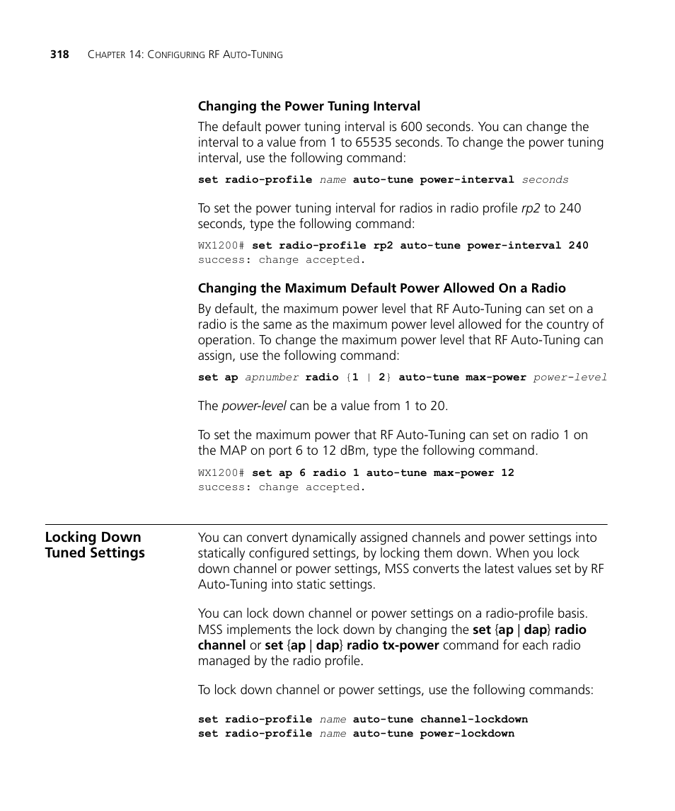 Changing the power tuning interval, Locking down tuned settings | 3Com WX4400 3CRWX440095A User Manual | Page 318 / 728