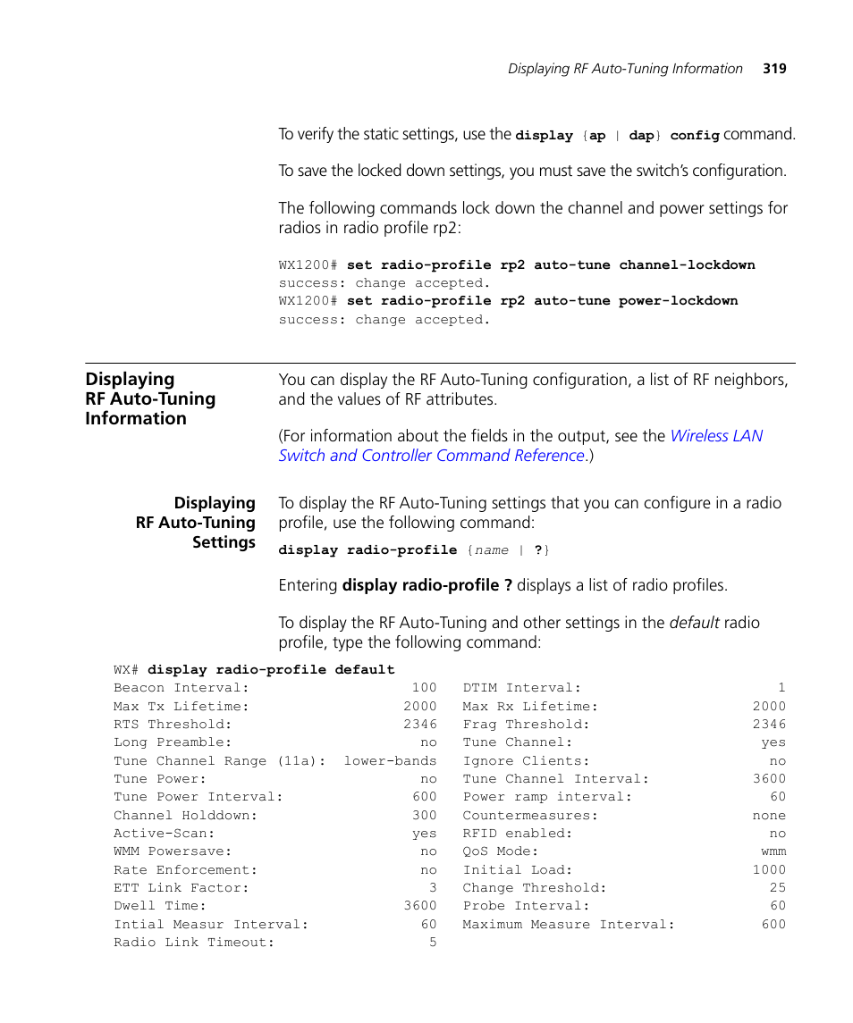 Displaying rf autotuning information, Displaying rf autotuning settings, Displaying rf auto-tuning information | Displaying rf auto-tuning settings | 3Com WX4400 3CRWX440095A User Manual | Page 319 / 728