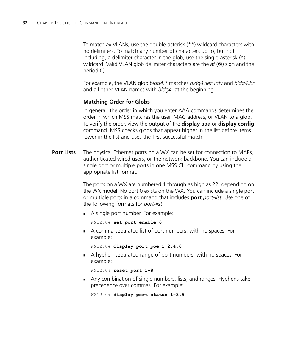Matching order for globs, Port lists | 3Com WX4400 3CRWX440095A User Manual | Page 32 / 728