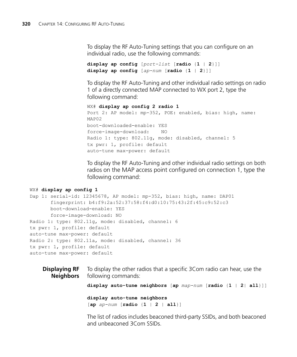 Displaying rf neighbors | 3Com WX4400 3CRWX440095A User Manual | Page 320 / 728