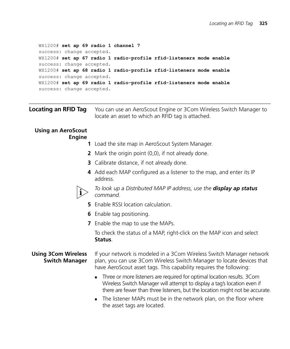Locating an rfid tag, Using an aeroscout engine, Using 3com wireless switch manager | 3Com WX4400 3CRWX440095A User Manual | Page 325 / 728