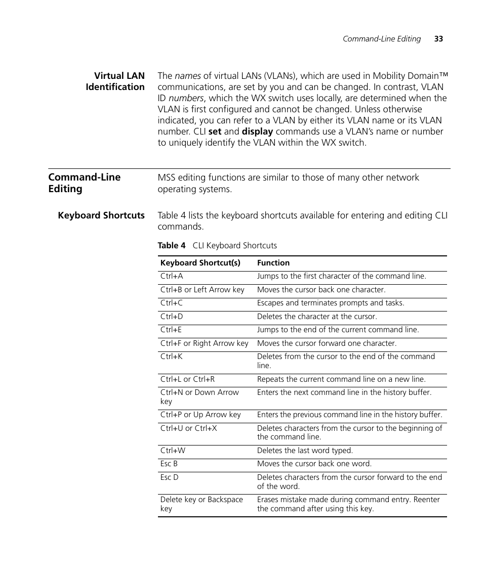 Virtual lan identification, Command-line editing, Keyboard shortcuts | 3Com WX4400 3CRWX440095A User Manual | Page 33 / 728