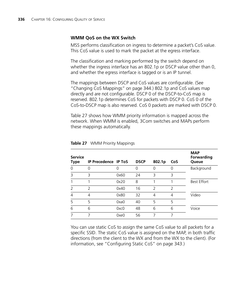 Wmm qos on the wx switch | 3Com WX4400 3CRWX440095A User Manual | Page 336 / 728