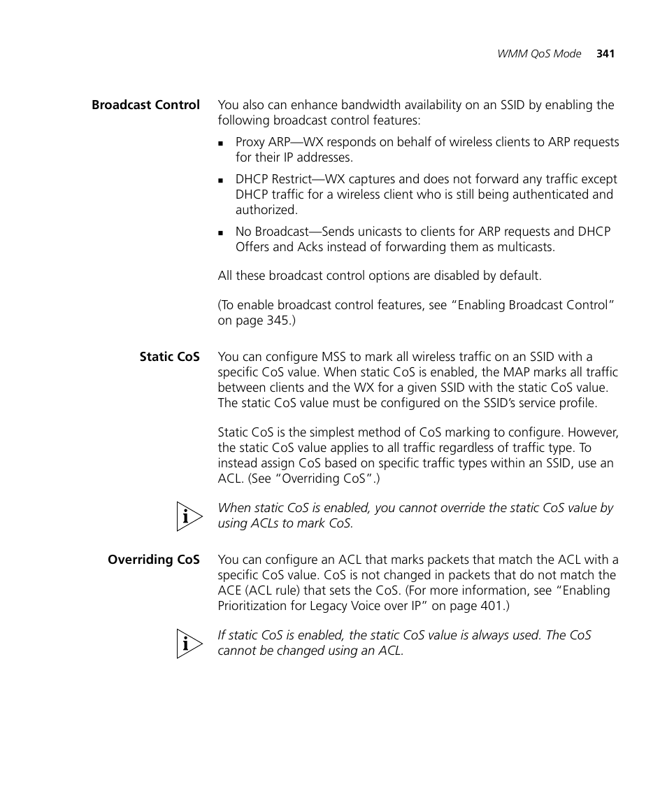 Broadcast control, Static cos, Overriding cos | 3Com WX4400 3CRWX440095A User Manual | Page 341 / 728