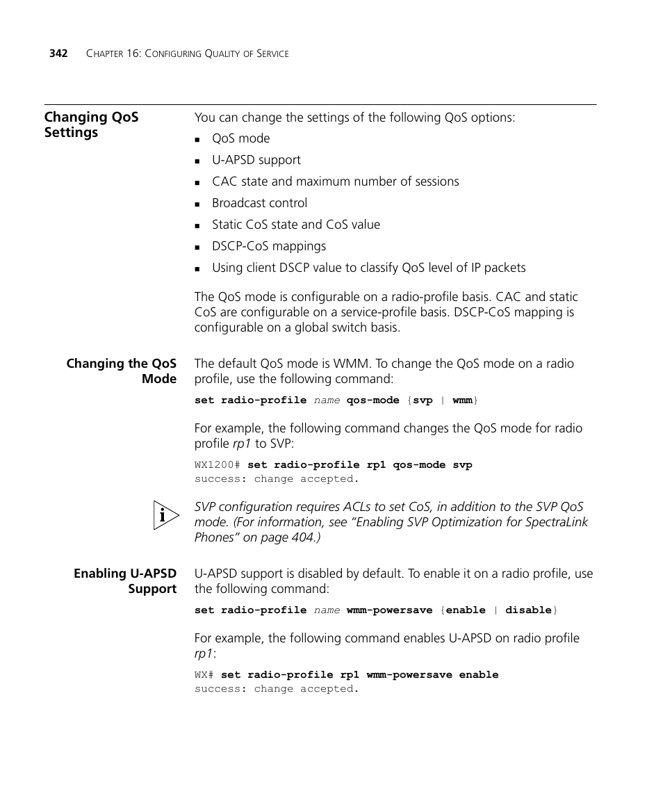 Changing qos settings, Changing the qos mode, Enabling u-apsd support | 3Com WX4400 3CRWX440095A User Manual | Page 342 / 728