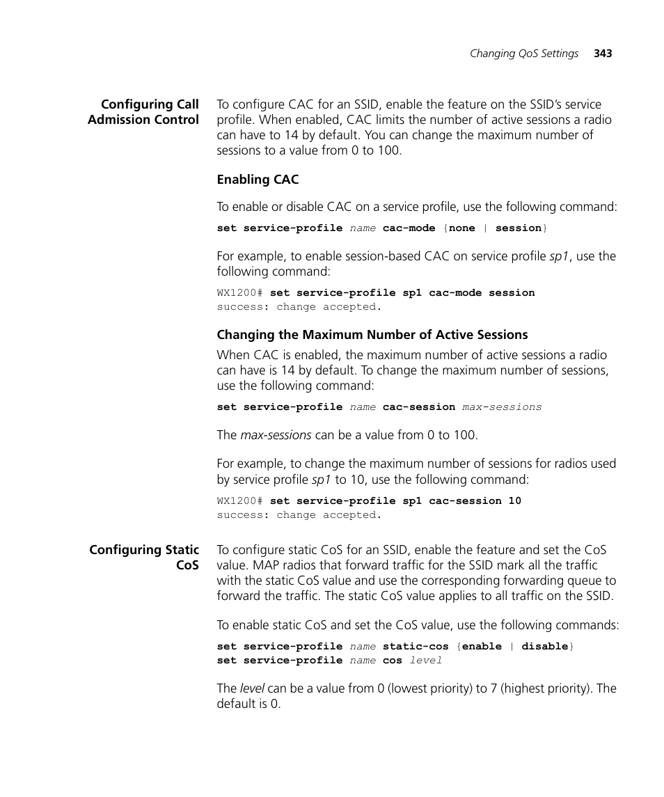 Configuring call admission control, Enabling cac, Changing the maximum number of active sessions | Configuring static cos | 3Com WX4400 3CRWX440095A User Manual | Page 343 / 728