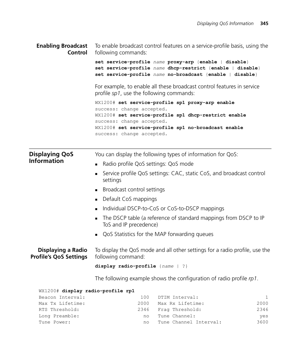Enabling broadcast control, Displaying qos information, Displaying a radio profile’s qos settings | 3Com WX4400 3CRWX440095A User Manual | Page 345 / 728