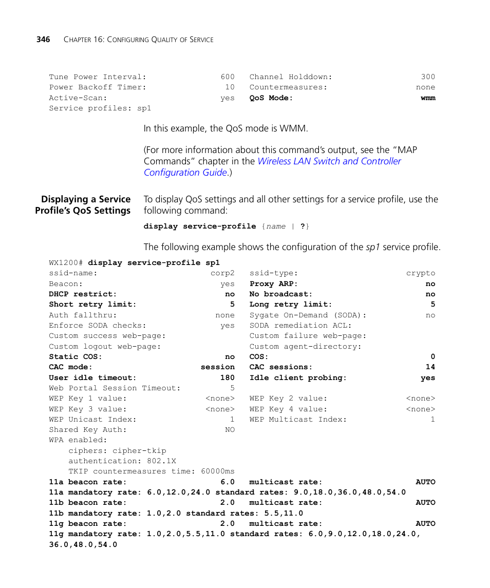 Displaying a service profile’s qos settings | 3Com WX4400 3CRWX440095A User Manual | Page 346 / 728