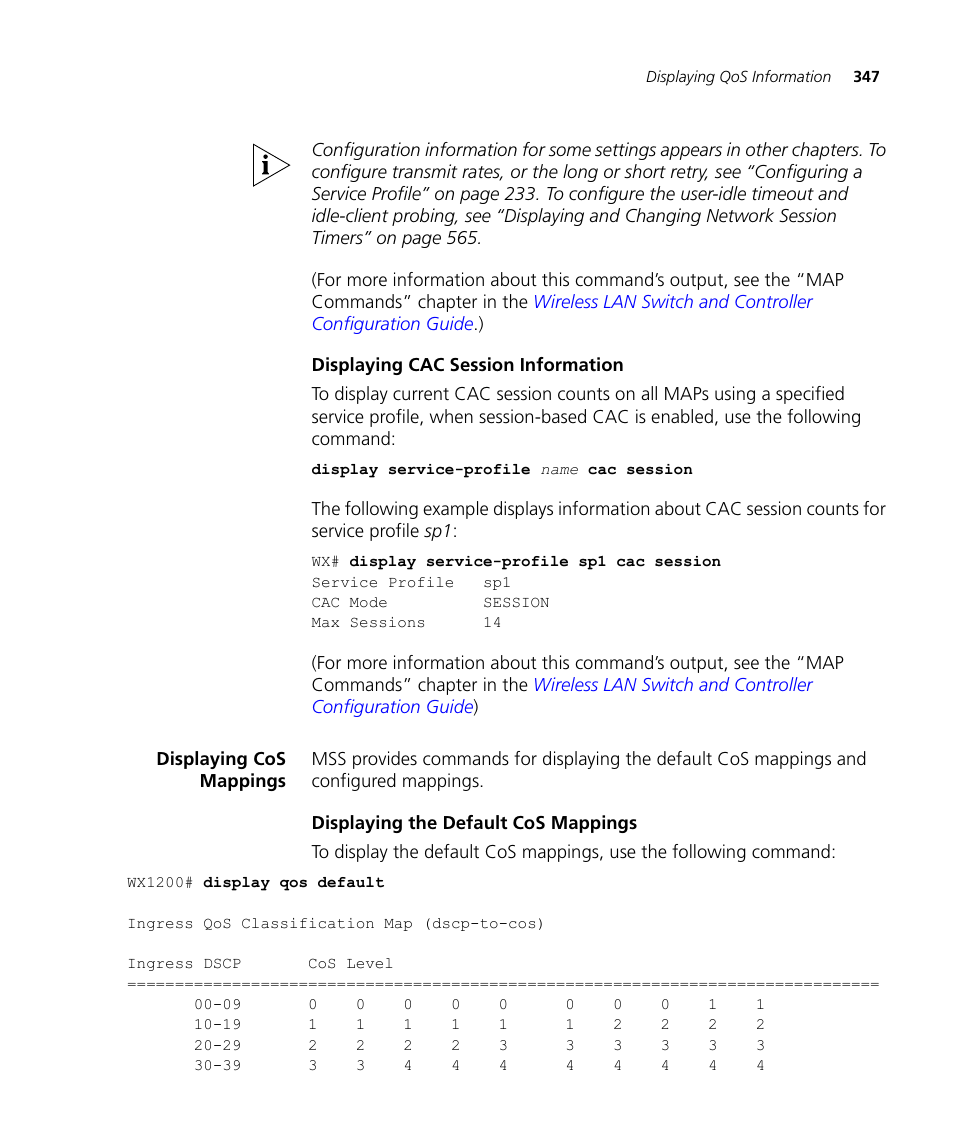 Displaying cac session information, Displaying cos mappings, Displaying the default cos mappings | 3Com WX4400 3CRWX440095A User Manual | Page 347 / 728