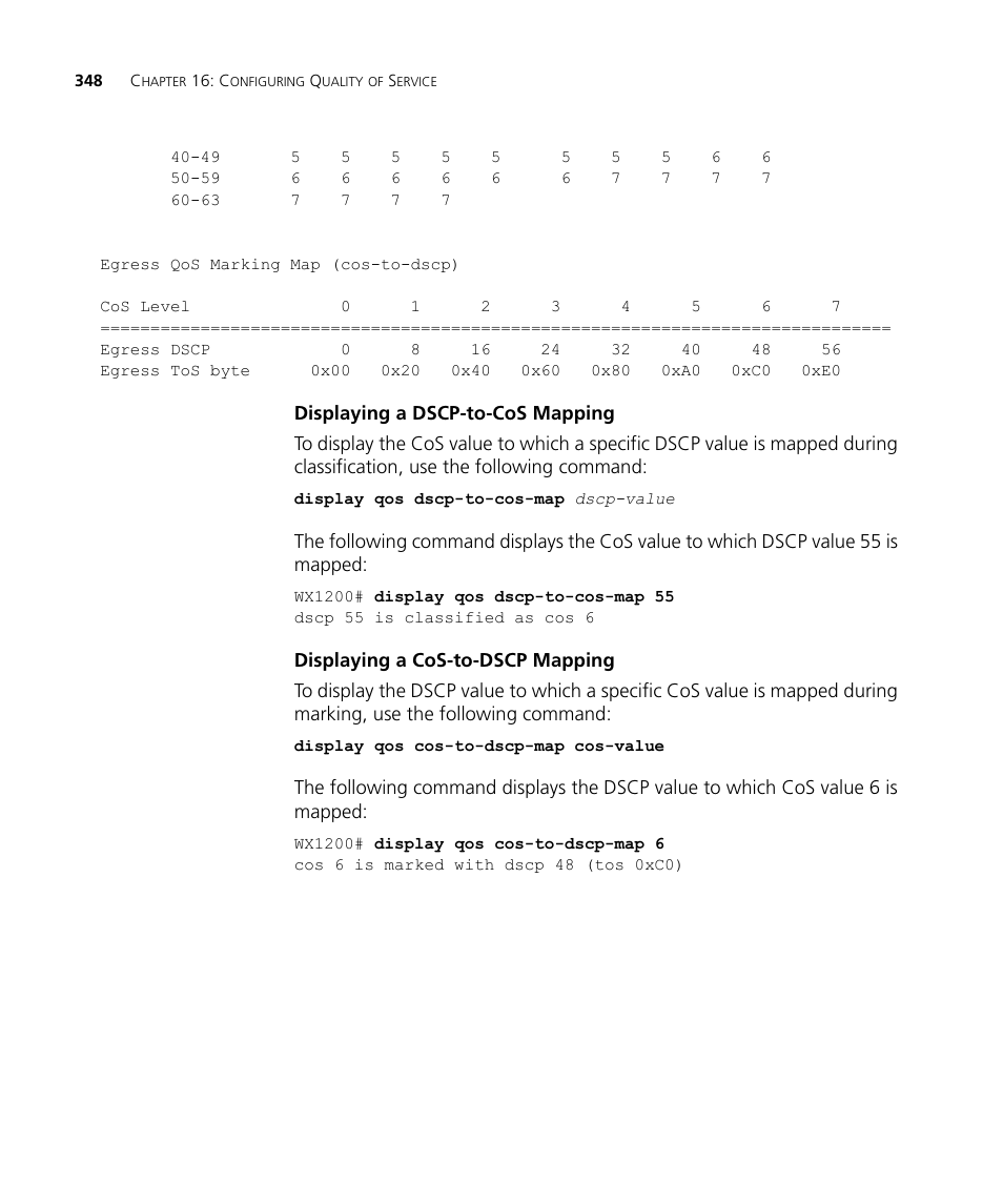 Displaying a dscp-to-cos mapping, Displaying a cos-to-dscp mapping | 3Com WX4400 3CRWX440095A User Manual | Page 348 / 728