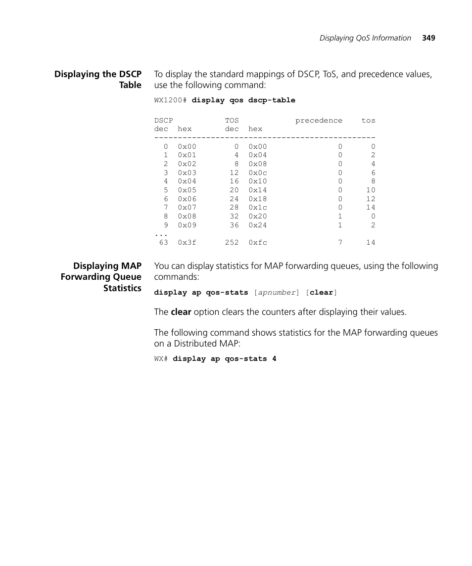 Displaying the dscp table, Displaying map forwarding queue statistics | 3Com WX4400 3CRWX440095A User Manual | Page 349 / 728