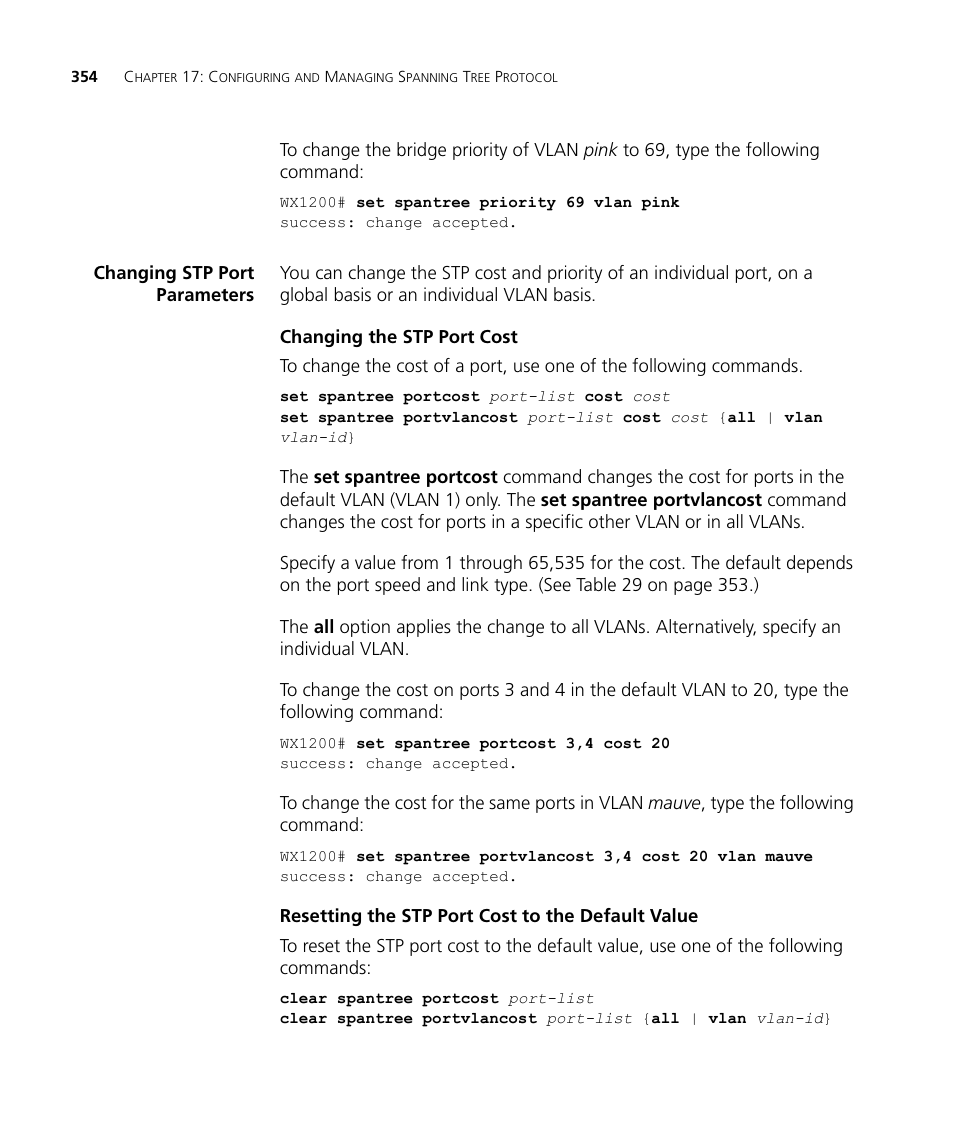 Changing stp port parameters, Changing the stp port cost, Resetting the stp port cost to the default value | 3Com WX4400 3CRWX440095A User Manual | Page 354 / 728