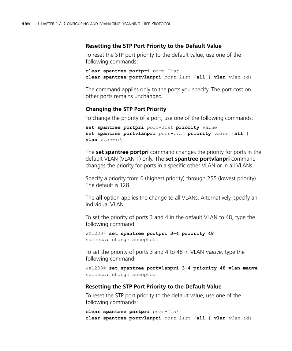 Changing the stp port priority | 3Com WX4400 3CRWX440095A User Manual | Page 356 / 728