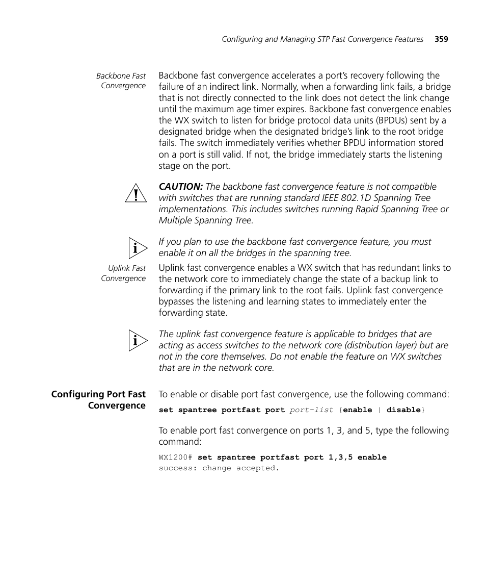 Configuring port fast convergence | 3Com WX4400 3CRWX440095A User Manual | Page 359 / 728
