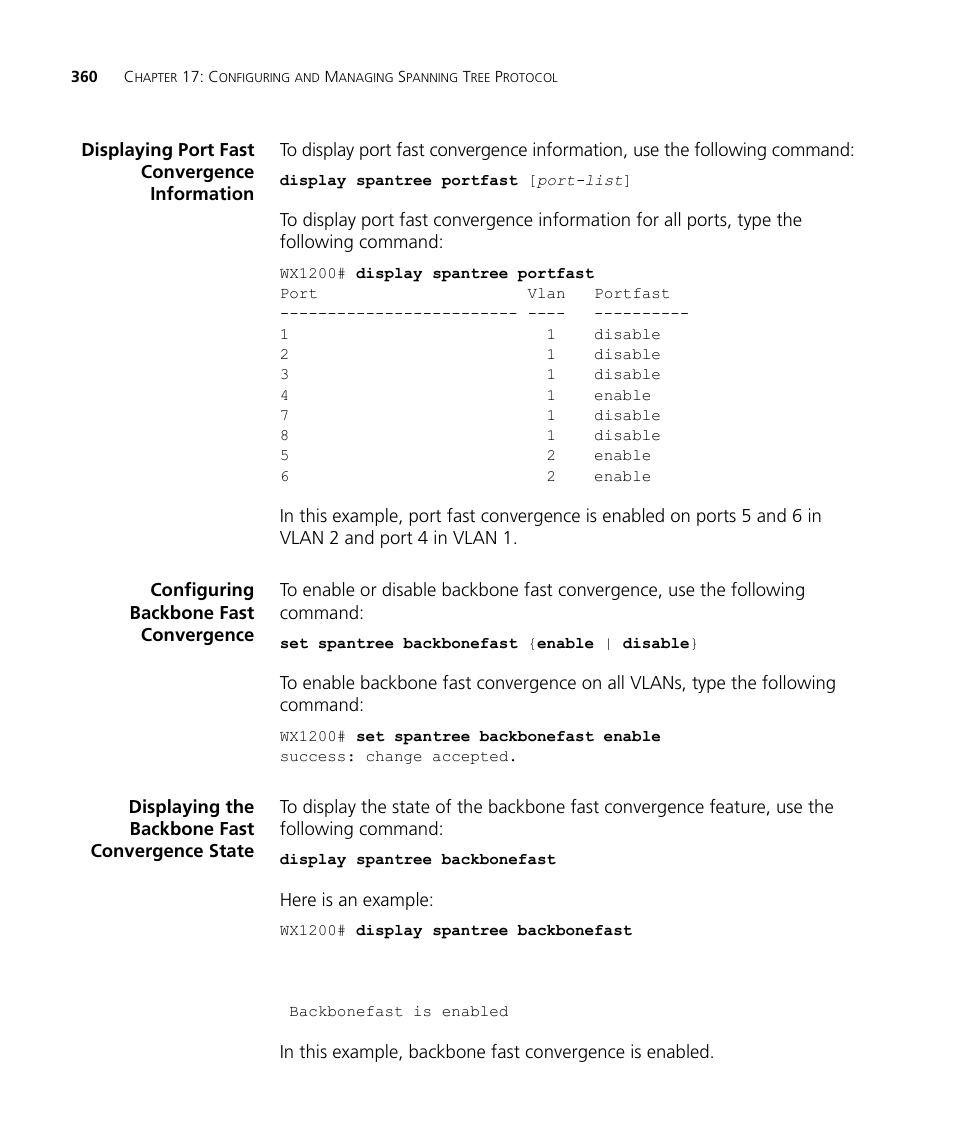 Displaying port fast convergence information, Configuring backbone fast convergence, Displaying the backbone fast convergence state | 3Com WX4400 3CRWX440095A User Manual | Page 360 / 728