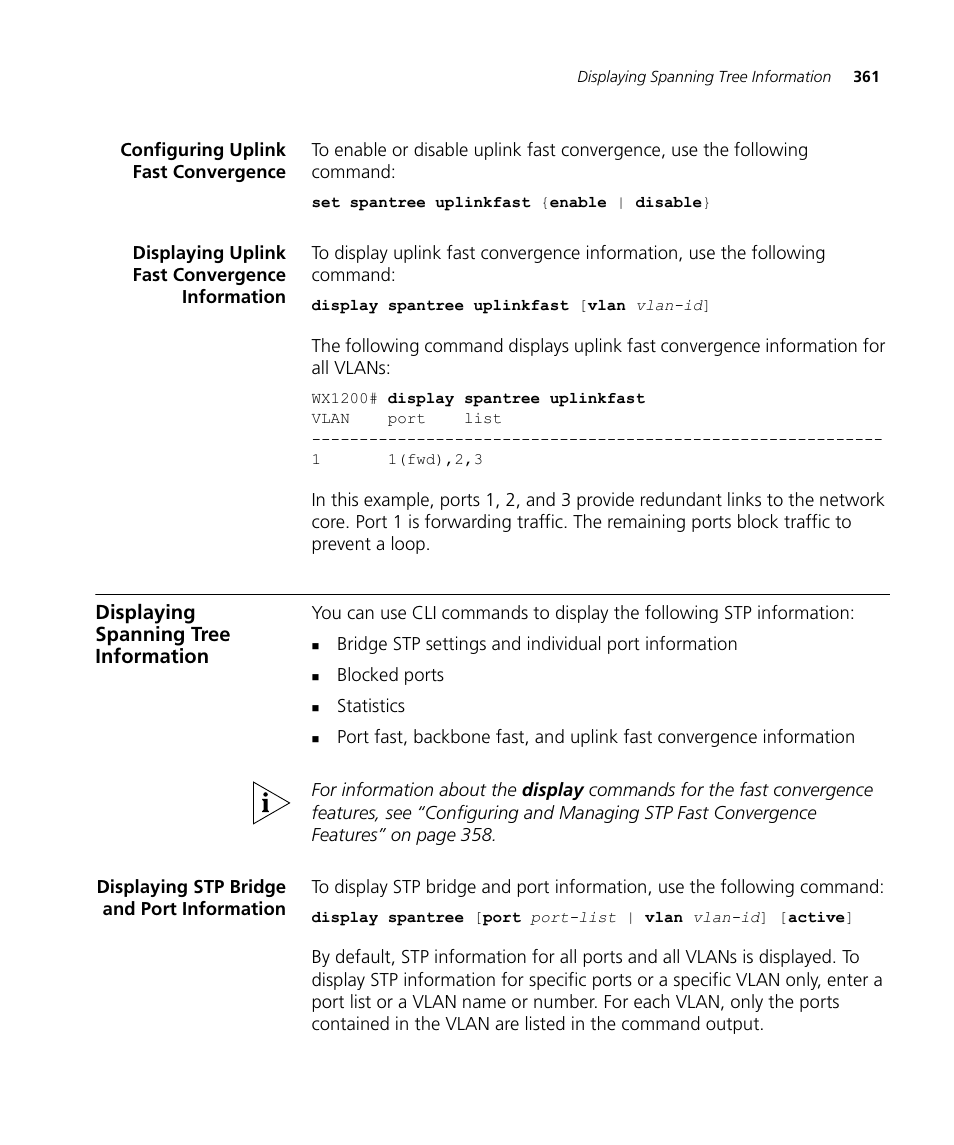 Configuring uplink fast convergence, Displaying uplink fast convergence information, Displaying spanning tree information | Displaying stp bridge and port information | 3Com WX4400 3CRWX440095A User Manual | Page 361 / 728