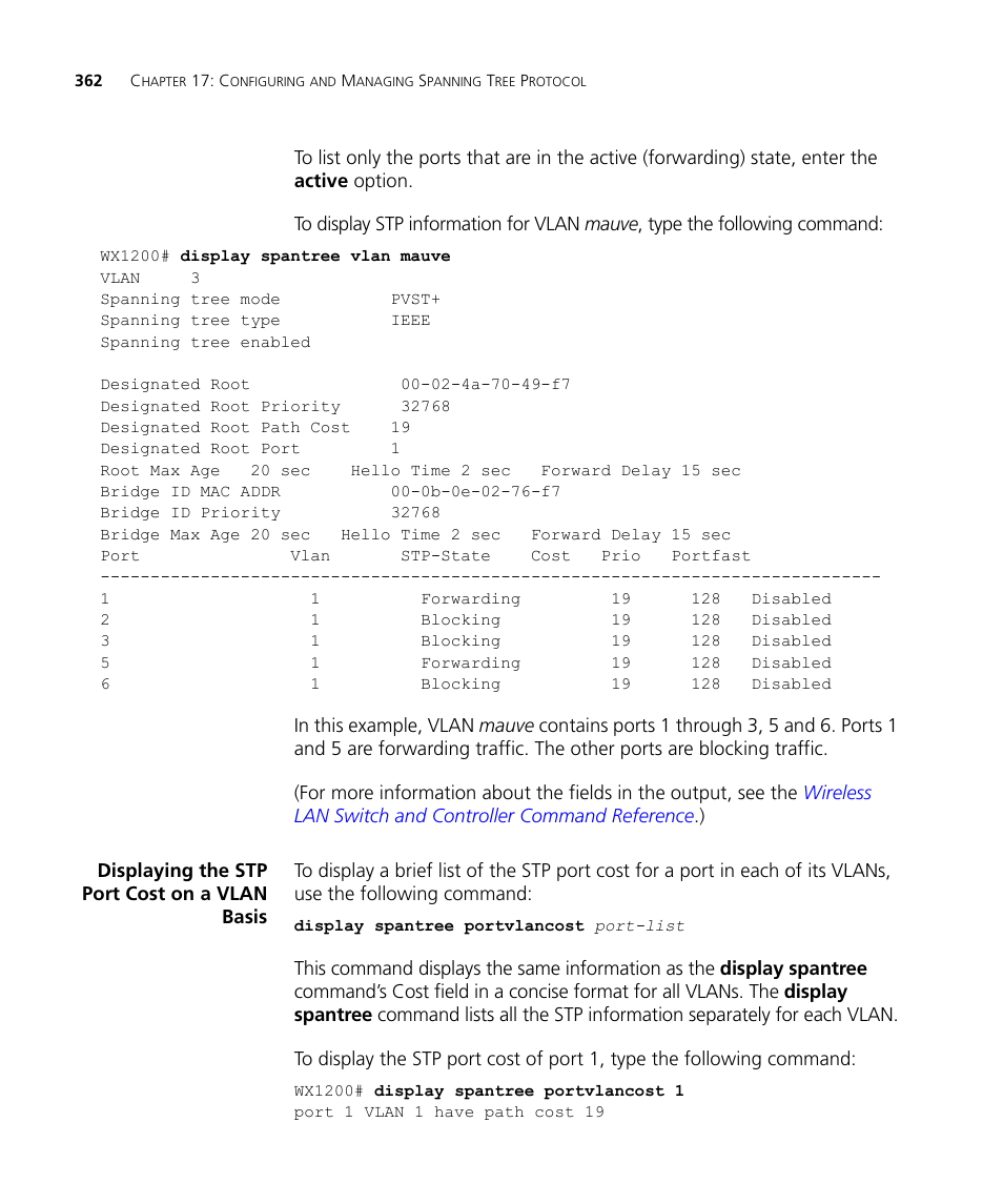 Displaying the stp port cost on a vlan basis | 3Com WX4400 3CRWX440095A User Manual | Page 362 / 728