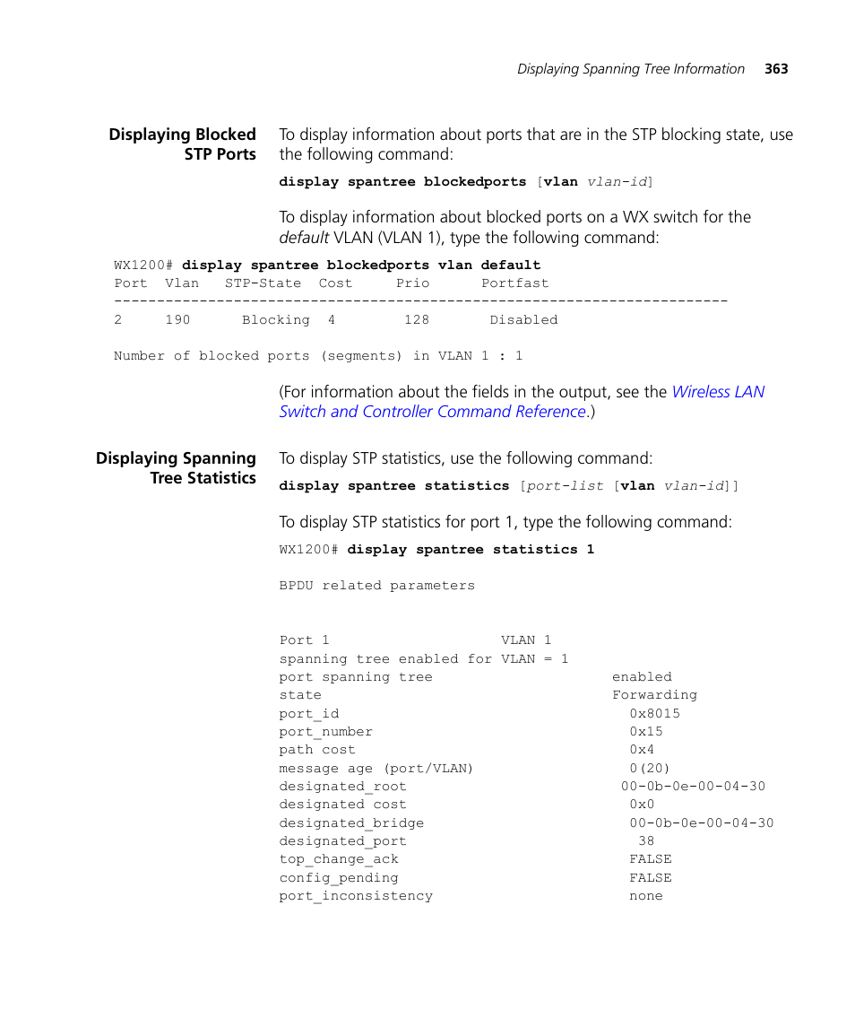 Displaying blocked stp ports, Displaying spanning tree statistics | 3Com WX4400 3CRWX440095A User Manual | Page 363 / 728