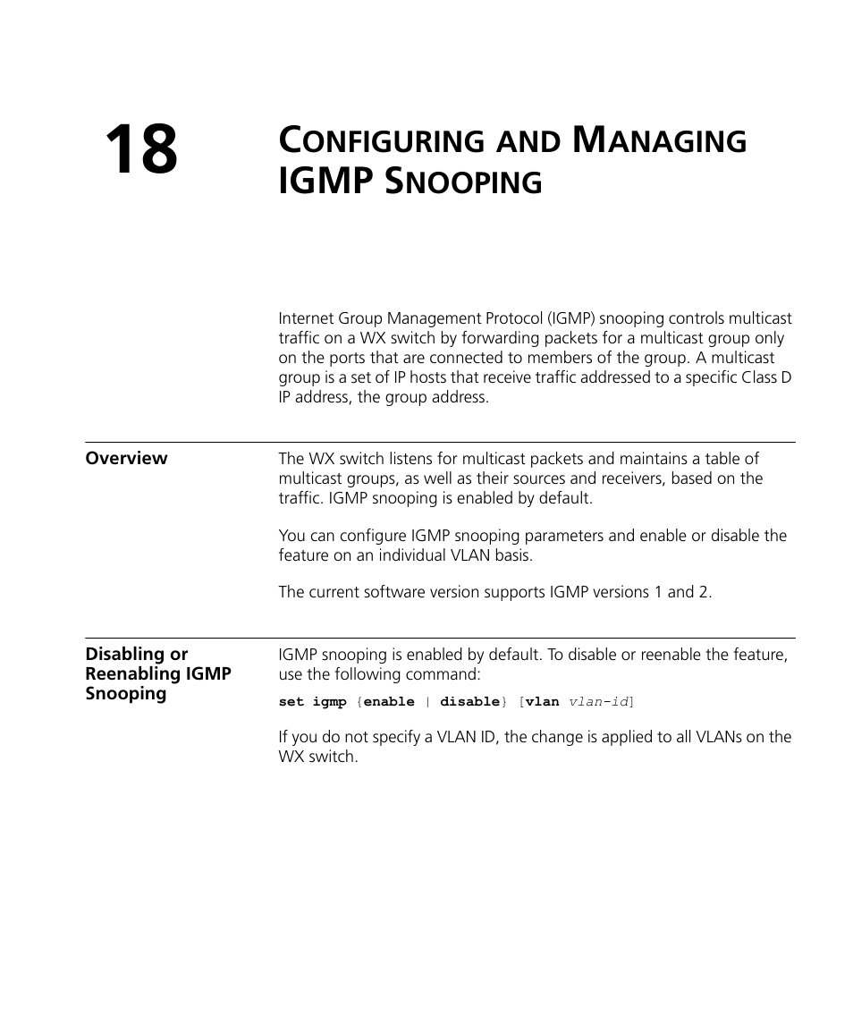 Configuring and managing igmp snooping, Overview, Disabling or reenabling igmp snooping | Onfiguring, Anaging, Igmp s, Nooping | 3Com WX4400 3CRWX440095A User Manual | Page 369 / 728