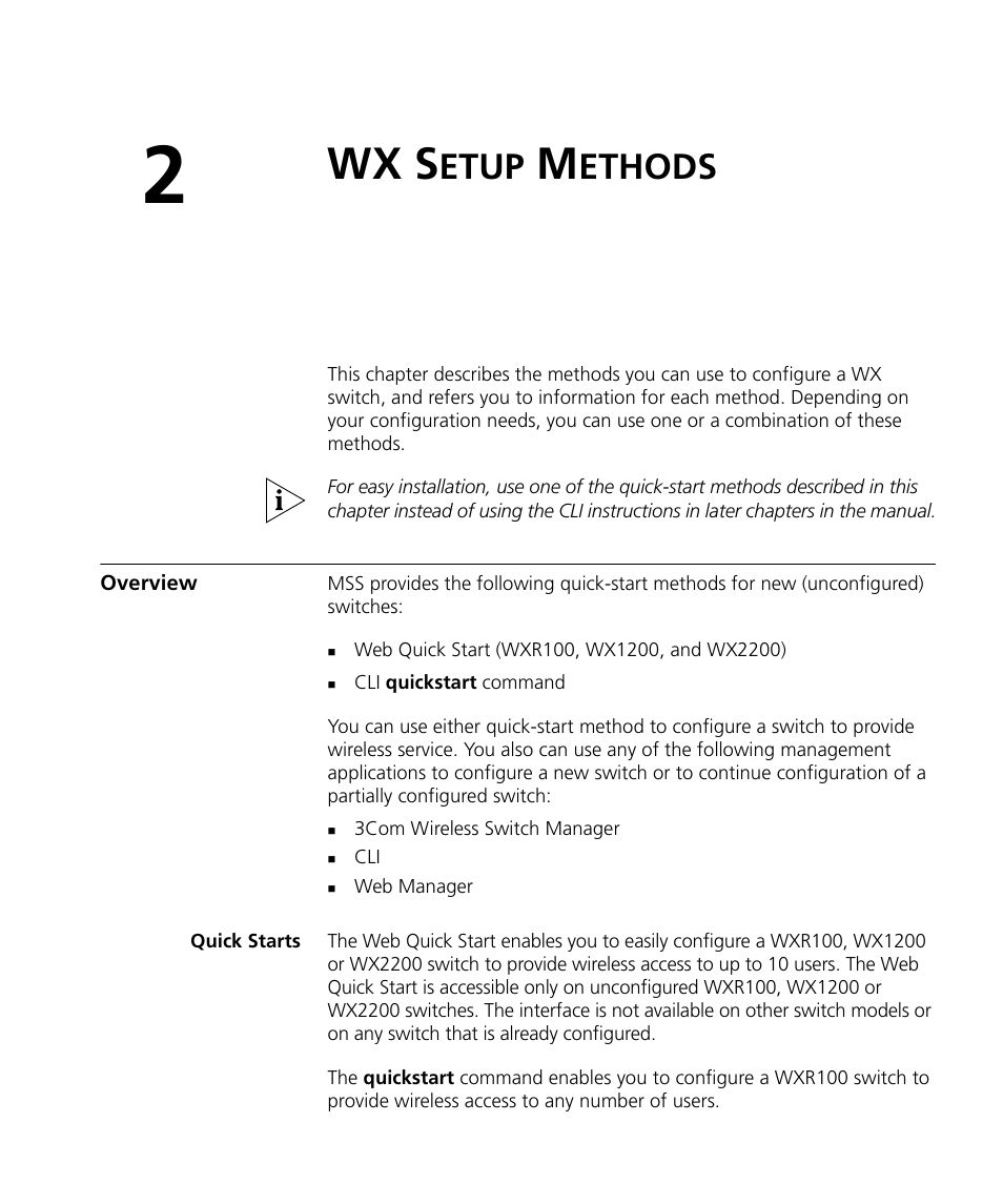 Wx setup methods, Overview, Quick starts | Wx s, Etup, Ethods | 3Com WX4400 3CRWX440095A User Manual | Page 37 / 728
