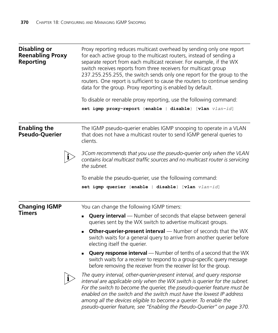 Disabling or reenabling proxy reporting, Enabling the pseudo-querier, Changing igmp timers | 3Com WX4400 3CRWX440095A User Manual | Page 370 / 728