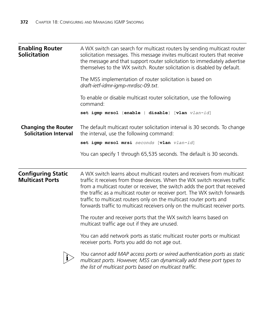 Enabling router solicitation, Changing the router solicitation interval, Configuring static multicast ports | 3Com WX4400 3CRWX440095A User Manual | Page 372 / 728