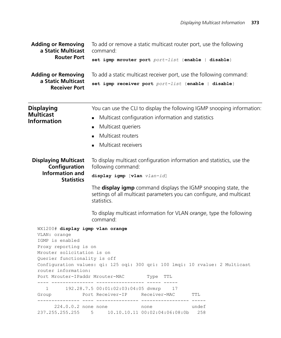 Adding or removing a static multicast router port, Displaying multicast information | 3Com WX4400 3CRWX440095A User Manual | Page 373 / 728
