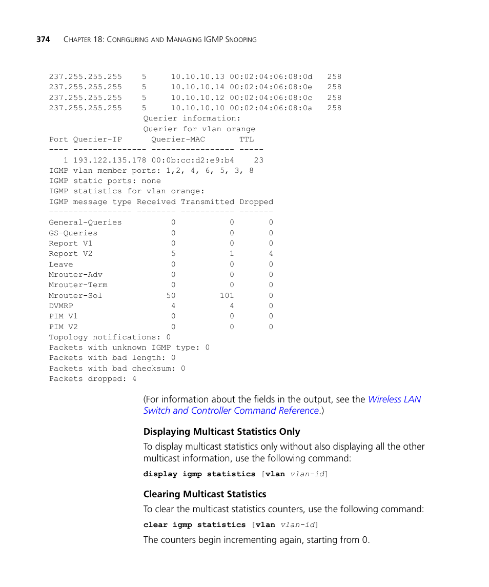 Displaying multicast statistics only, Clearing multicast statistics | 3Com WX4400 3CRWX440095A User Manual | Page 374 / 728