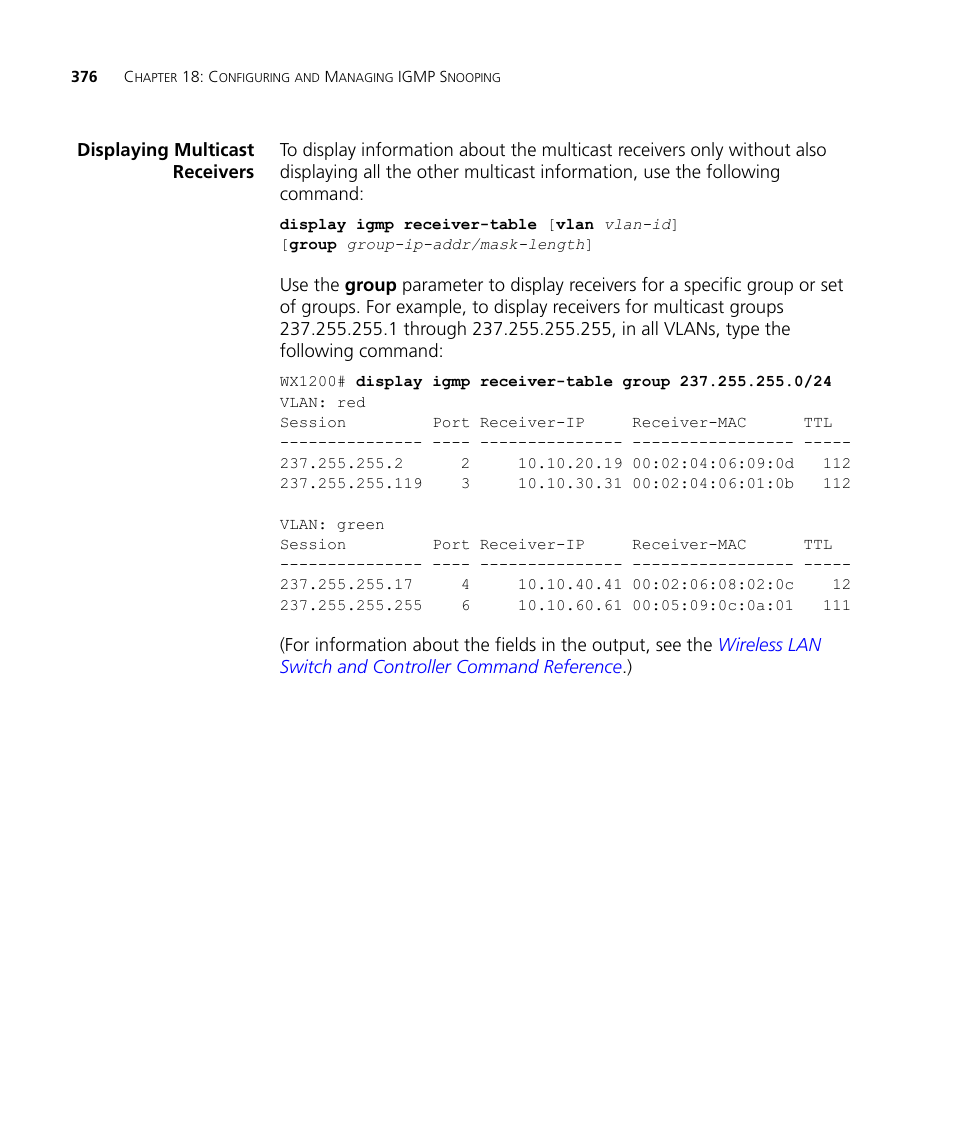 Displaying multicast receivers | 3Com WX4400 3CRWX440095A User Manual | Page 376 / 728
