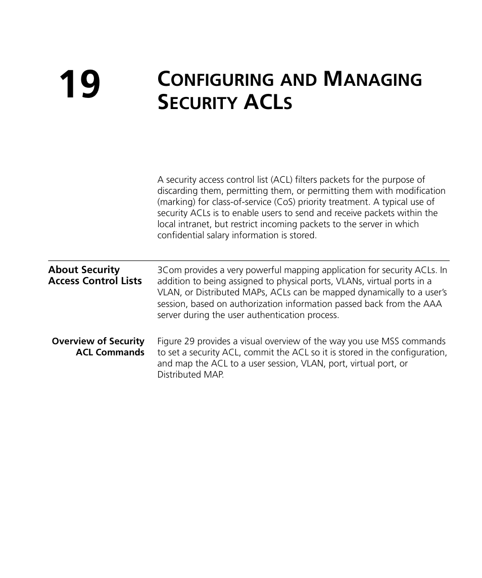 Configuring and managing security acls, About security access control lists, Overview of security acl commands | Onfiguring, Anaging, Ecurity | 3Com WX4400 3CRWX440095A User Manual | Page 377 / 728