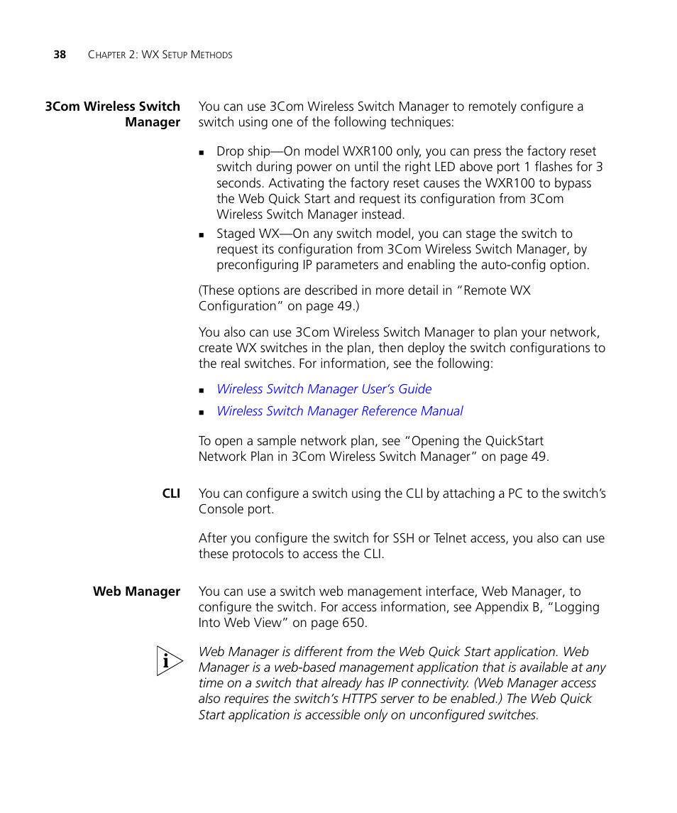 3com wireless switch manager, Web manager | 3Com WX4400 3CRWX440095A User Manual | Page 38 / 728