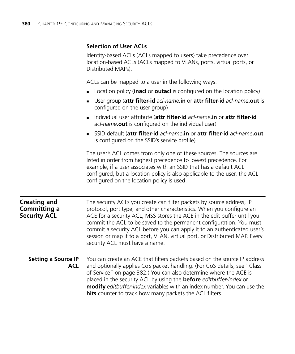 Selection of user acls, Creating and committing a security acl, Setting a source ip acl | 3Com WX4400 3CRWX440095A User Manual | Page 380 / 728