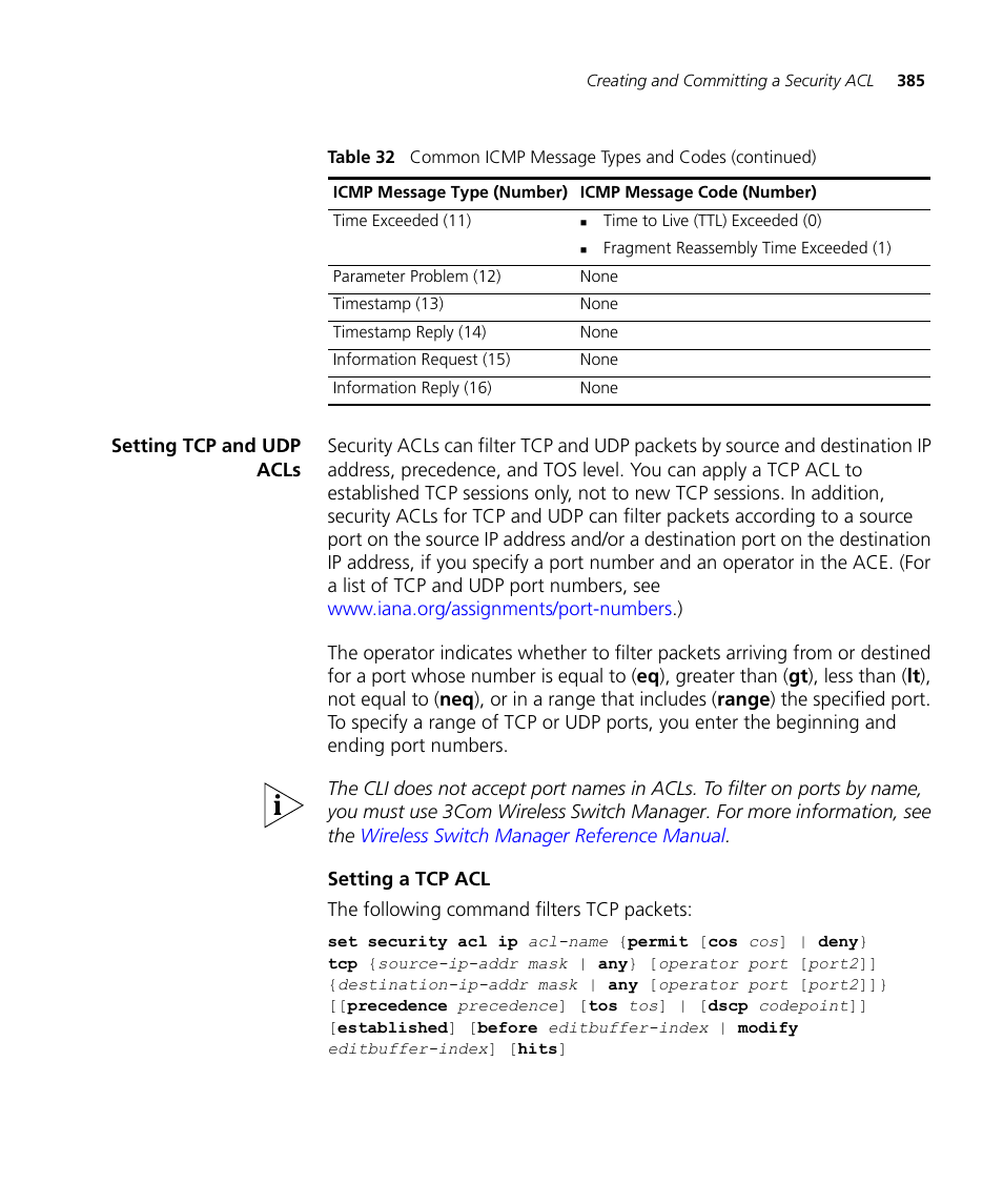 Setting tcp and udp acls, Setting a tcp acl | 3Com WX4400 3CRWX440095A User Manual | Page 385 / 728