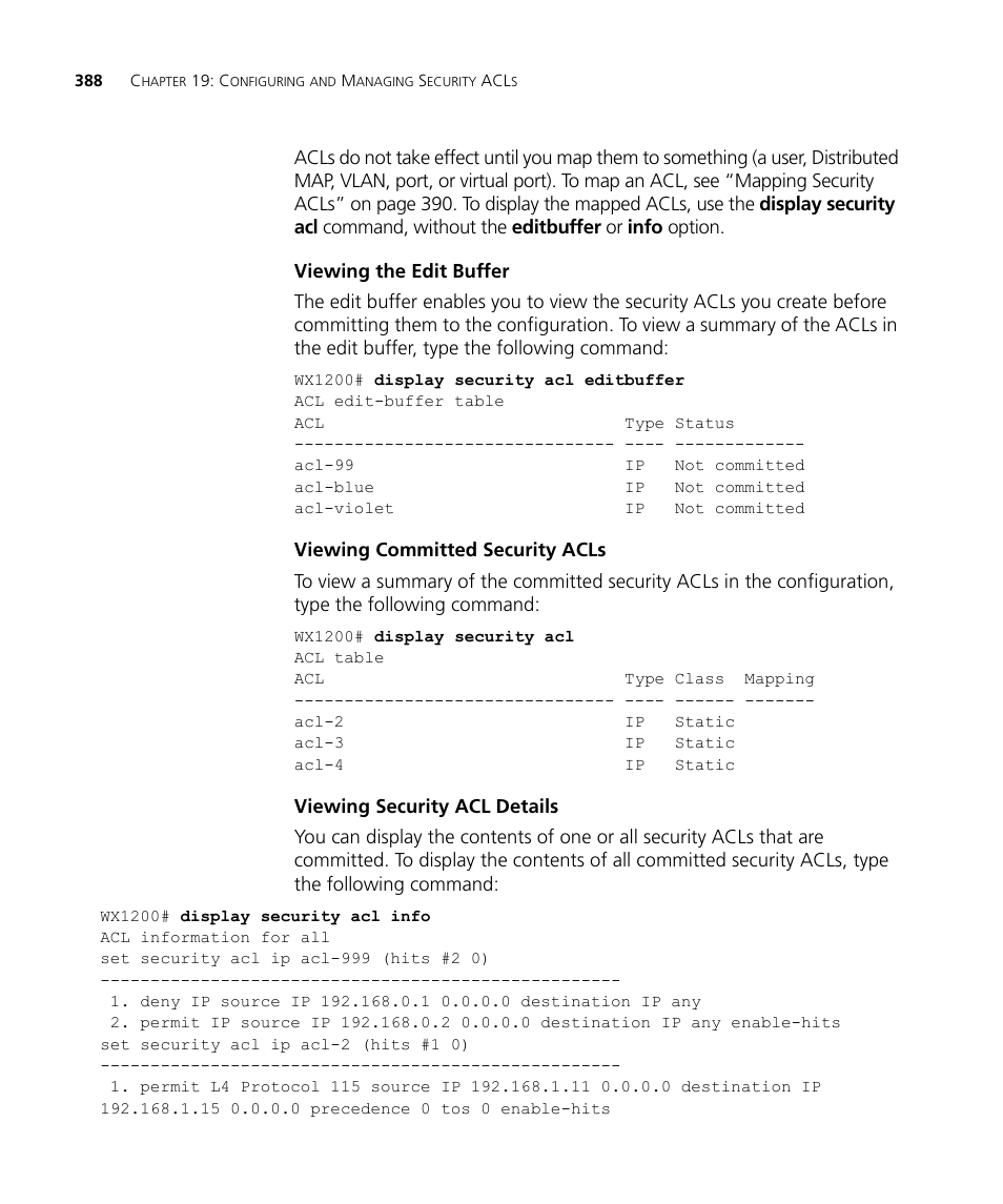 Viewing the edit buffer, Viewing committed security acls, Viewing security acl details | 3Com WX4400 3CRWX440095A User Manual | Page 388 / 728