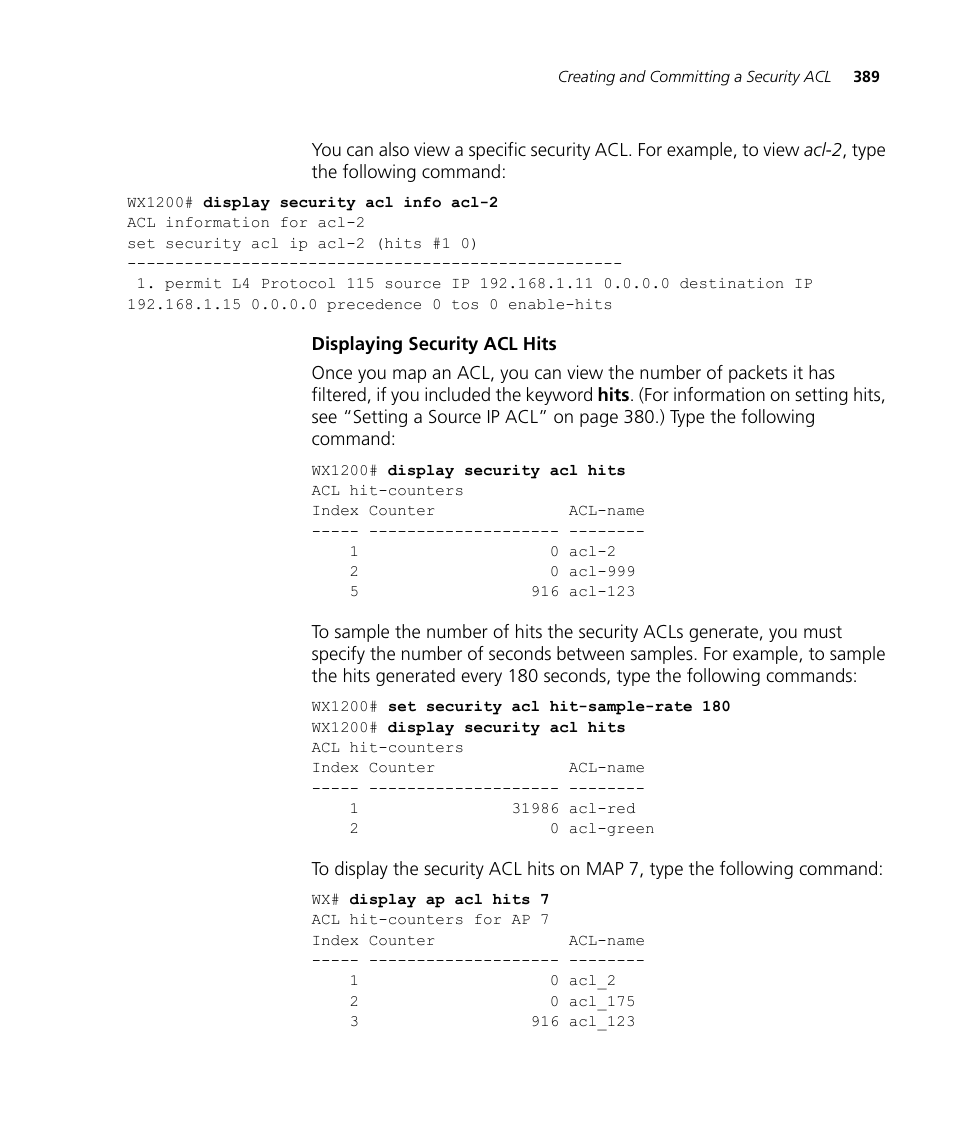 Displaying security acl hits | 3Com WX4400 3CRWX440095A User Manual | Page 389 / 728