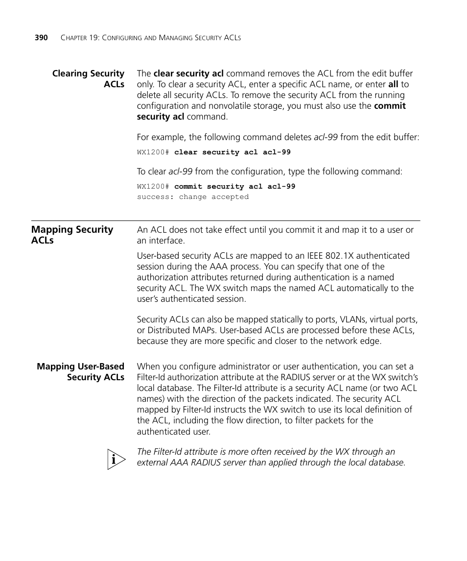Clearing security acls, Mapping security acls, Mapping user-based security acls | 3Com WX4400 3CRWX440095A User Manual | Page 390 / 728