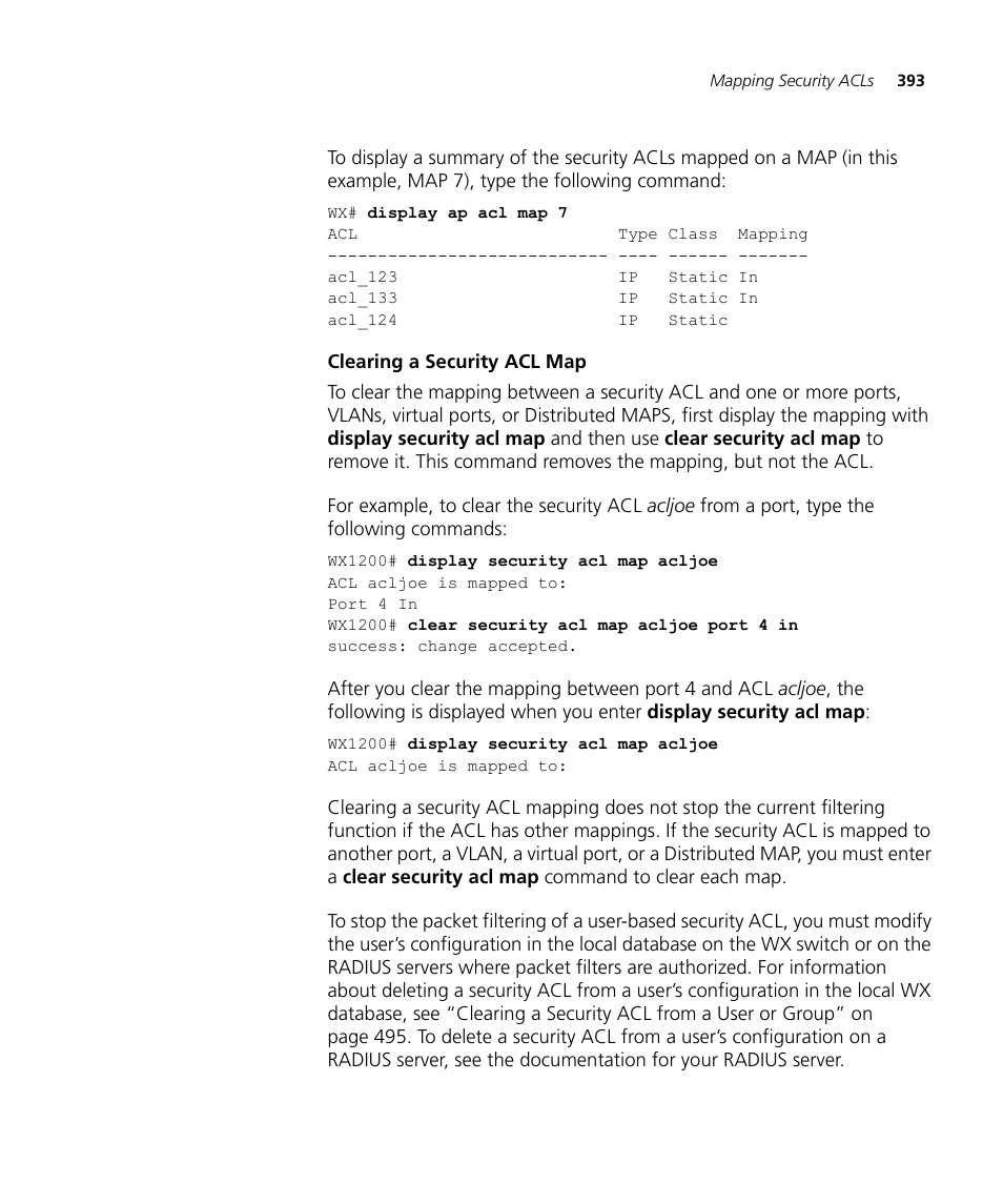 Clearing a security acl map | 3Com WX4400 3CRWX440095A User Manual | Page 393 / 728