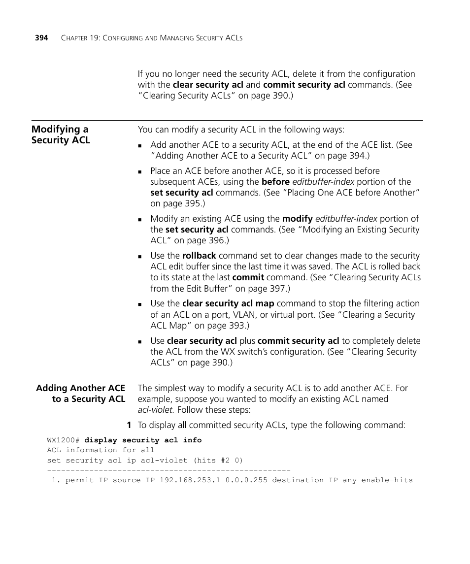 Modifying a security acl, Adding another ace to a security acl | 3Com WX4400 3CRWX440095A User Manual | Page 394 / 728