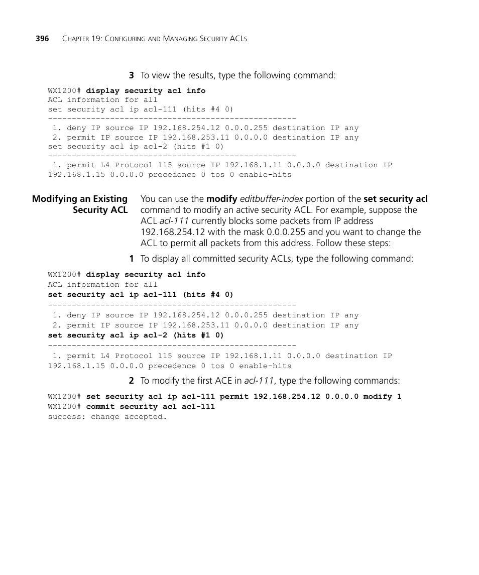 Modifying an existing security acl | 3Com WX4400 3CRWX440095A User Manual | Page 396 / 728