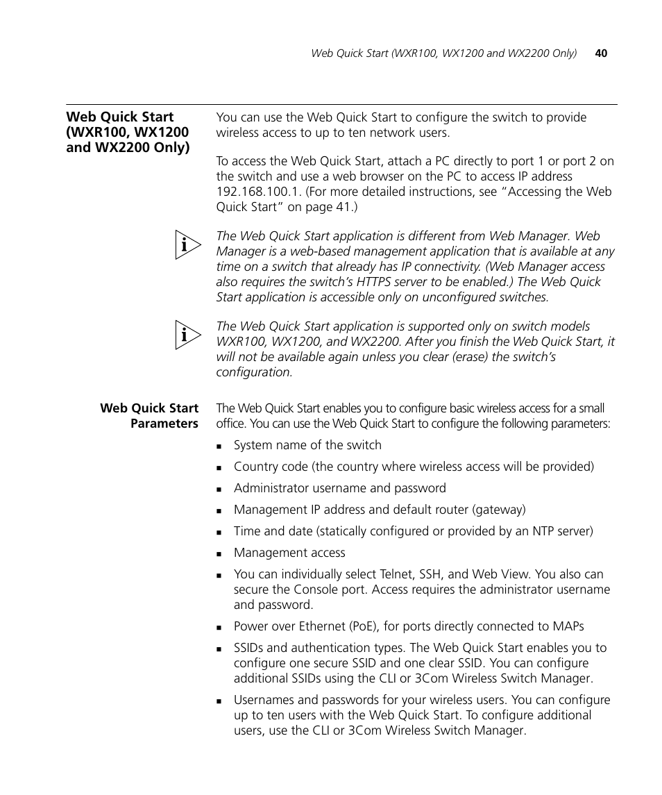 Web quick start (wxr100, wx1200 and wx2200 only), Web quick start parameters | 3Com WX4400 3CRWX440095A User Manual | Page 40 / 728
