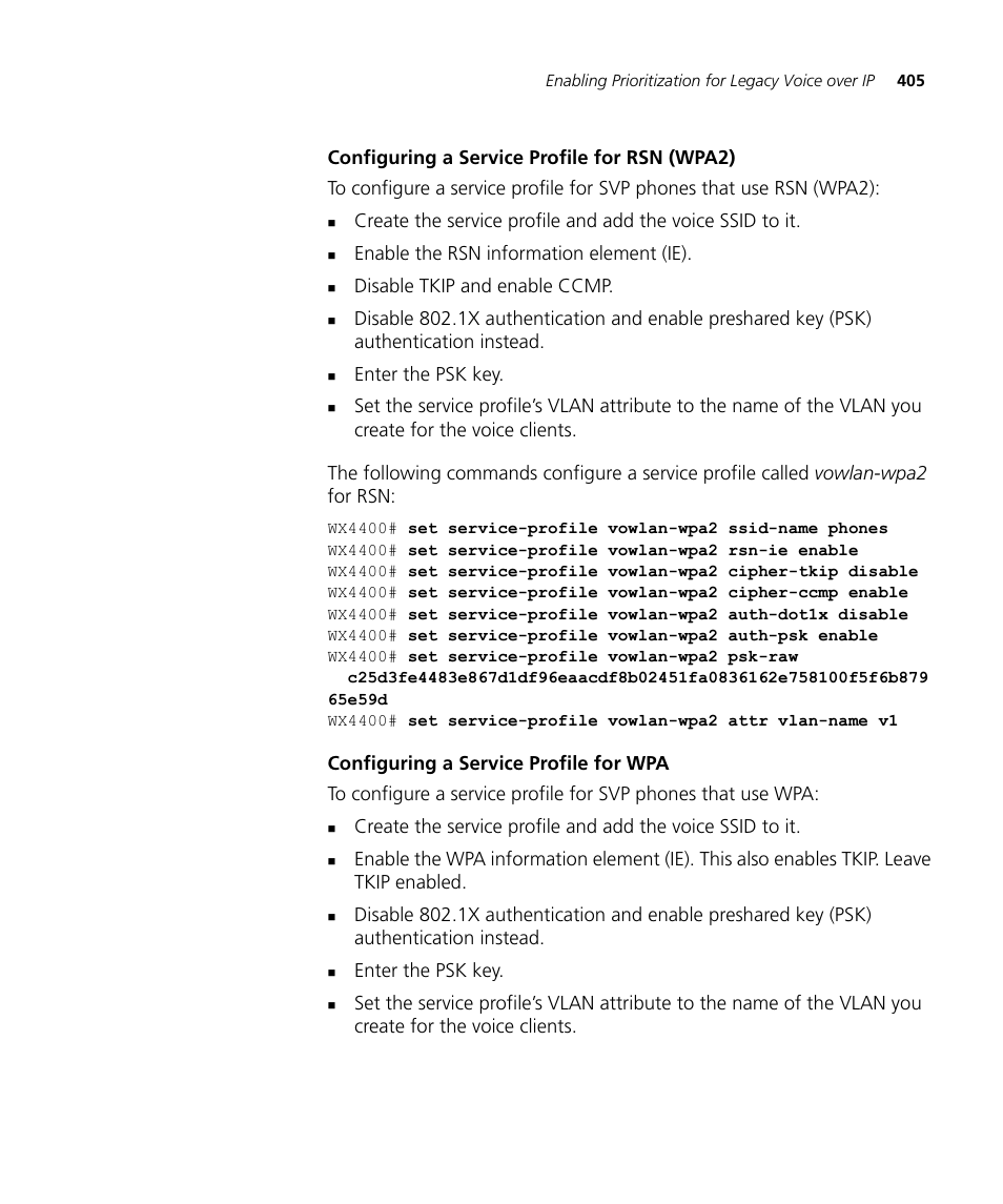 Configuring a service profile for rsn (wpa2), Configuring a service profile for wpa | 3Com WX4400 3CRWX440095A User Manual | Page 405 / 728