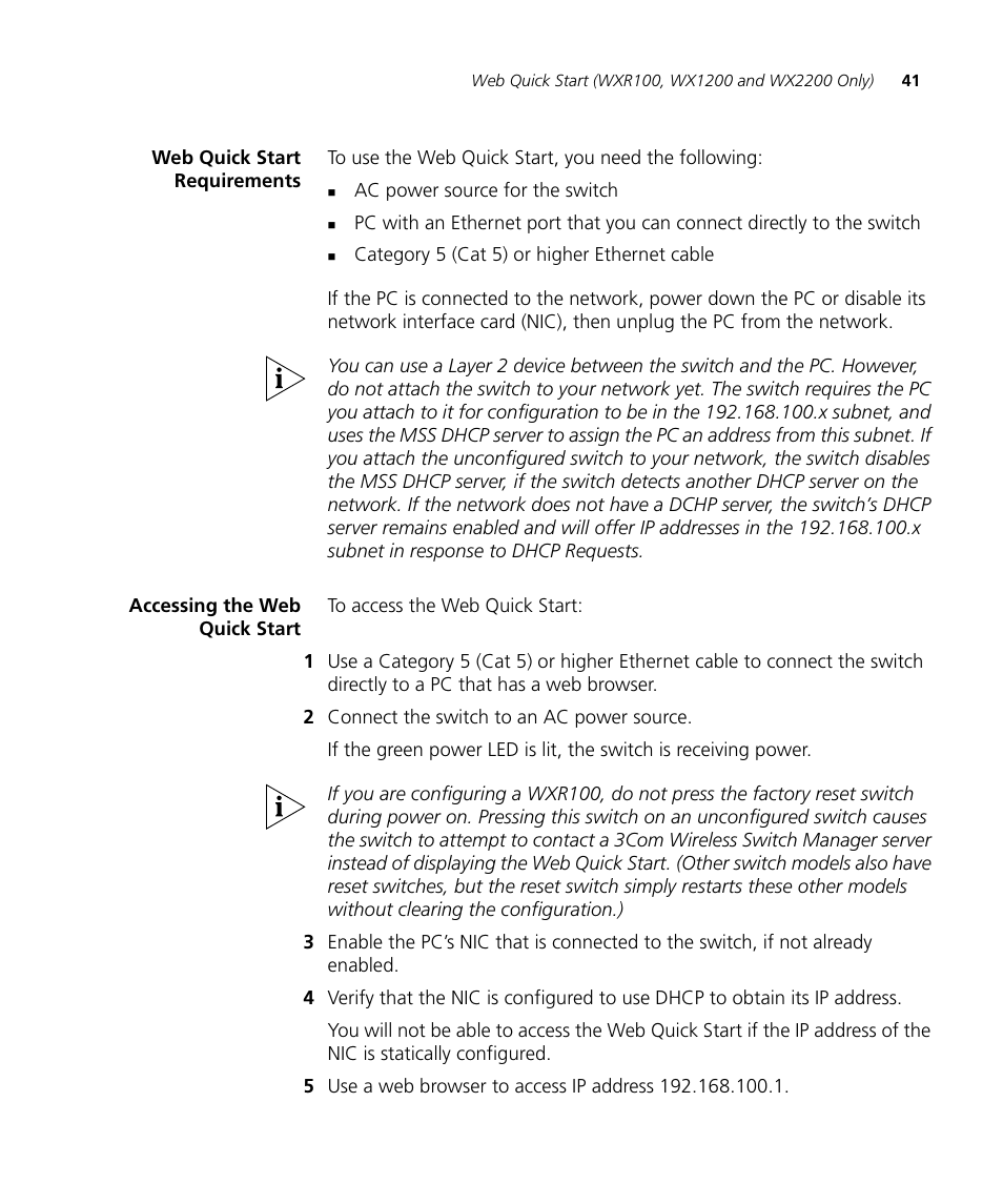 Web quick start requirements, Accessing the web quick start | 3Com WX4400 3CRWX440095A User Manual | Page 41 / 728