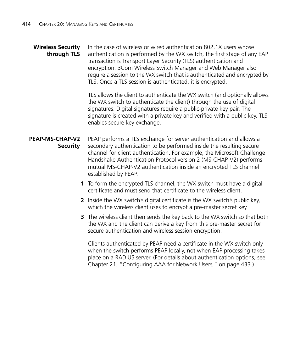 Wireless security through tls, Peap-ms-chap-v2 security | 3Com WX4400 3CRWX440095A User Manual | Page 414 / 728