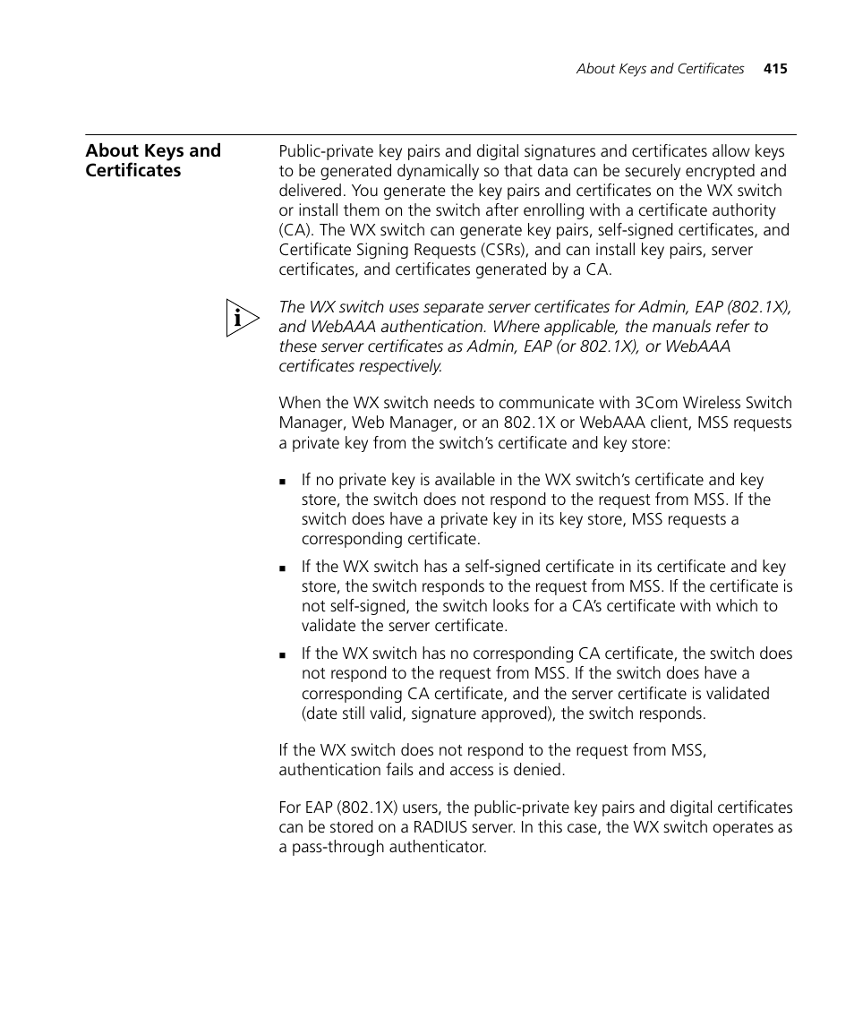 About keys and certificates | 3Com WX4400 3CRWX440095A User Manual | Page 415 / 728